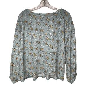 Loft Aqua Floral Print Mixed Media Blouse Size Small Pleated Back Career New‎